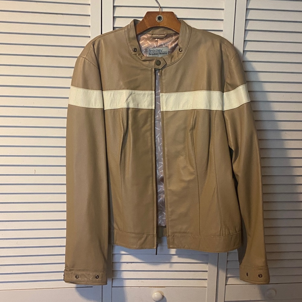Dockers Women's Tan Leather Jacket with White Stripe
